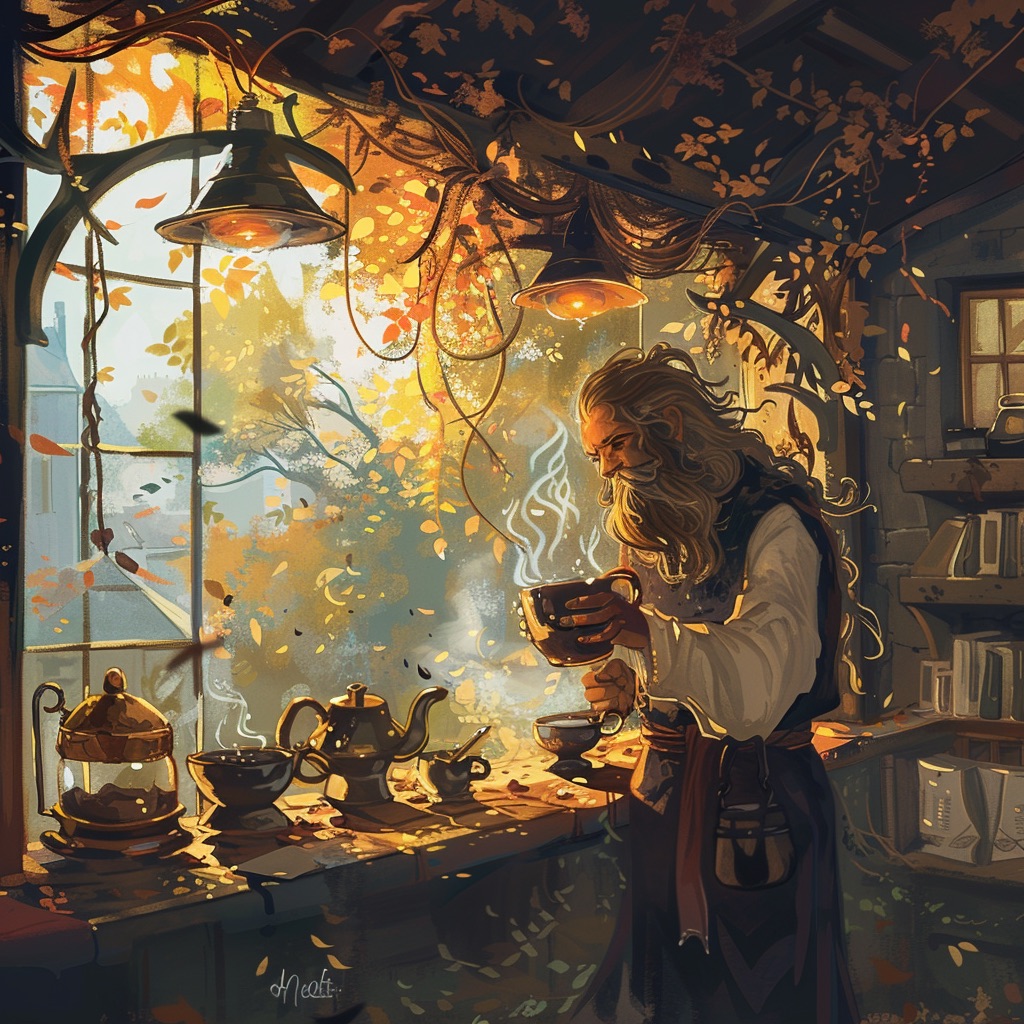 A brewer at a bright autumn window raising a dark cup, kettles and pots arrayed along the sill